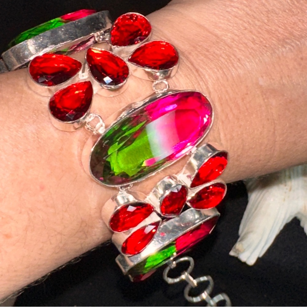 Gorgeous Tourmaline bi-color + Garnet gem cluster statement cuff bracelet